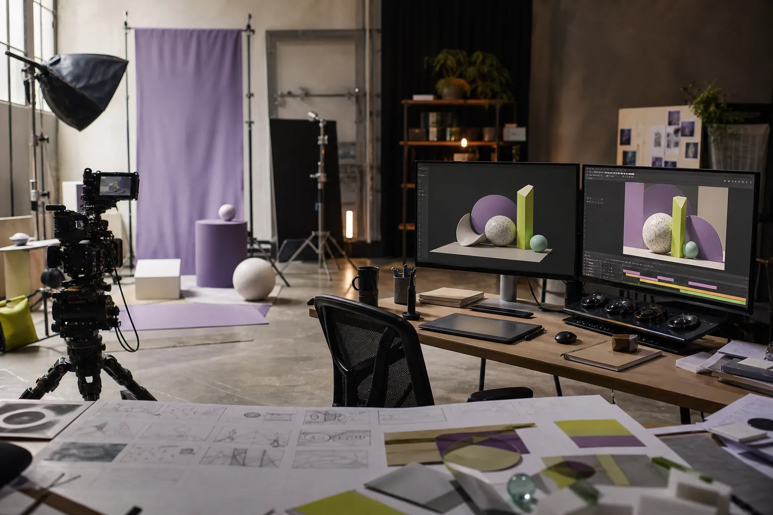Cinema camera, practical studio set and motion-design workstation shown as one connected production workflow