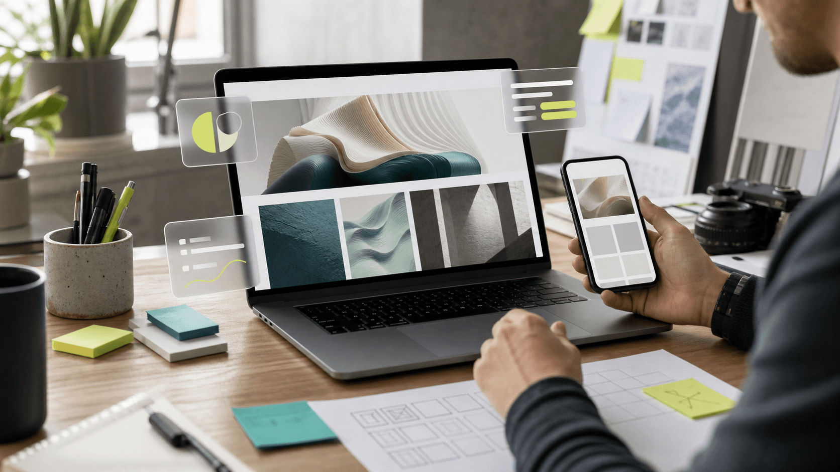 Designer reviewing a visually rich website on desktop and mobile screens with performance planning overlays