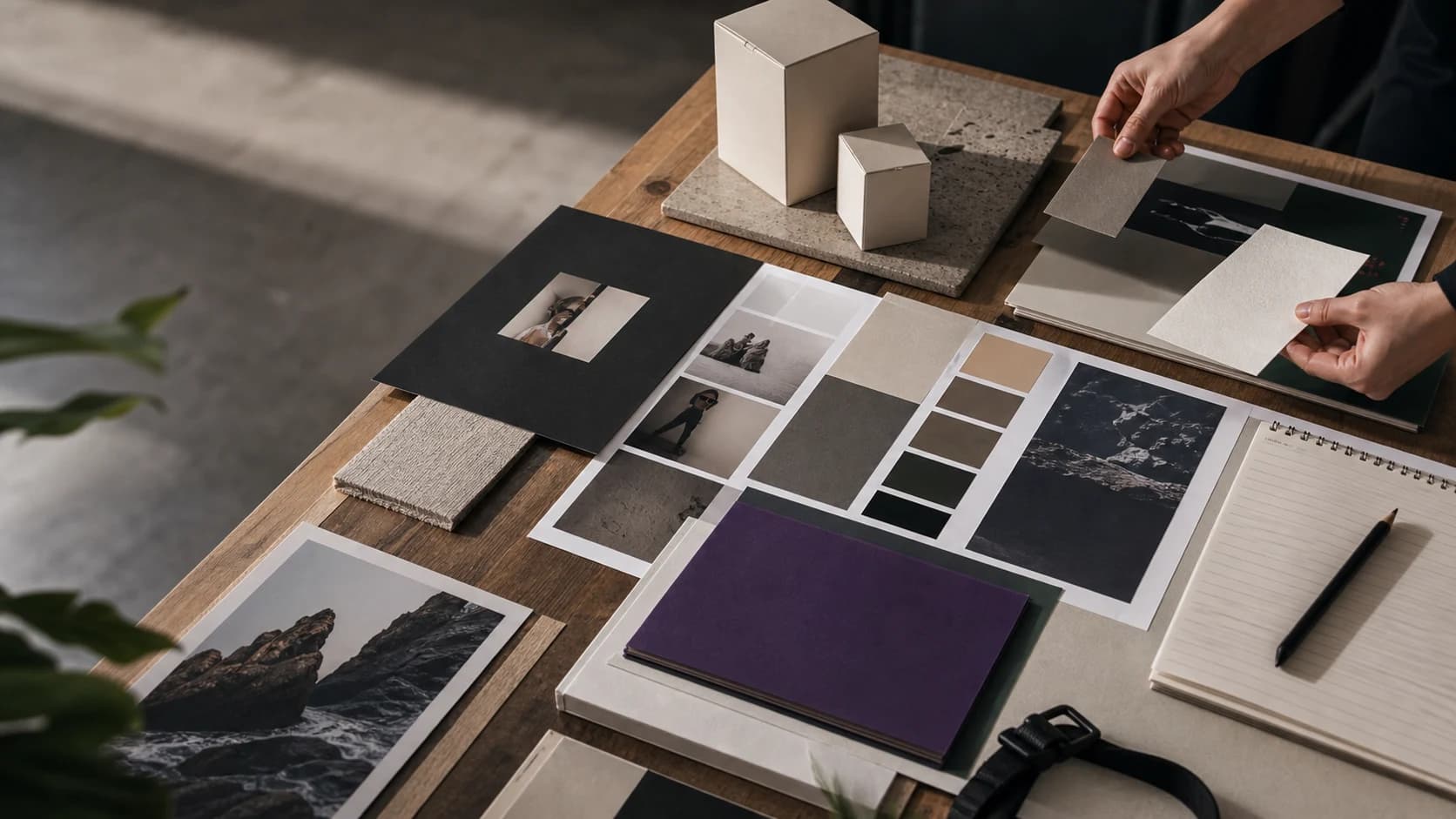 Materiales de marca organizados para una revisión de identidad visual