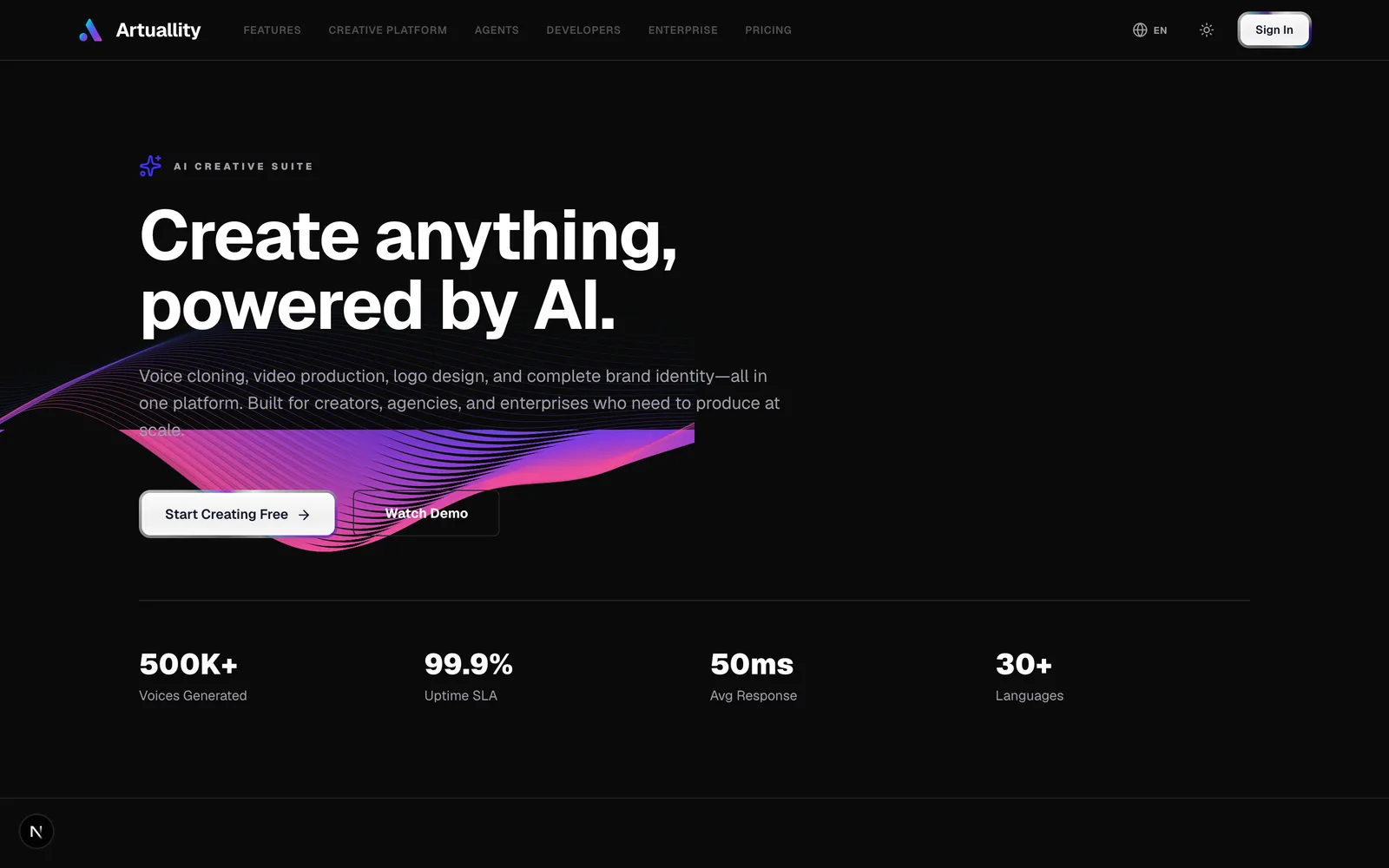 Página de inicio de Artuallity AI Creative Suite en desktop