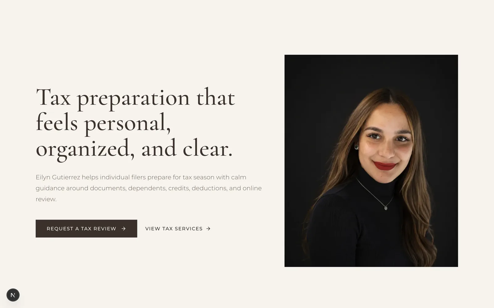 Eilyn Gutierrez tax-prep website homepage on desktop