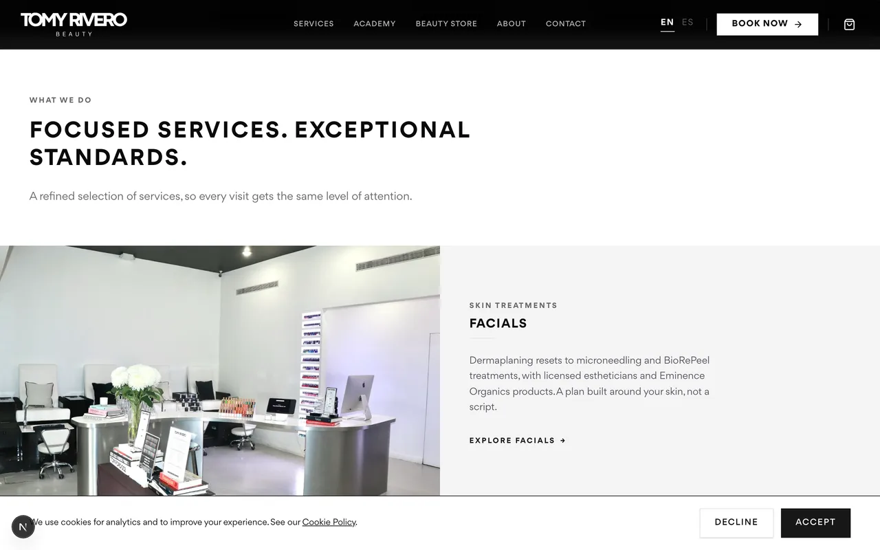 A section of the Tomy Rivero Beauty website