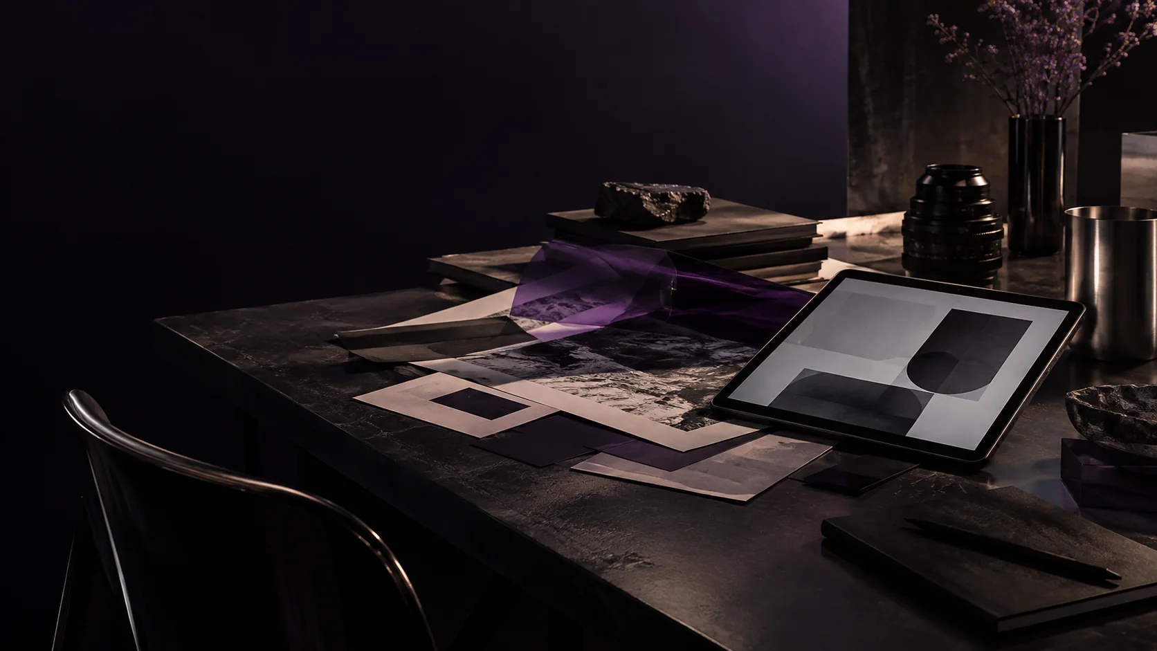 Creative materials, a tablet and a cinema lens arranged on a deep plum studio set